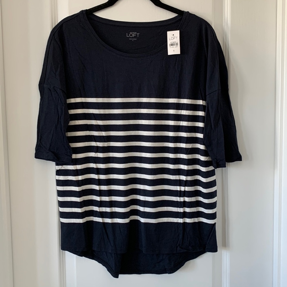 NWT LOFT Drop Shoulder High-Low Hem Striped Short Sleeves Top Size S